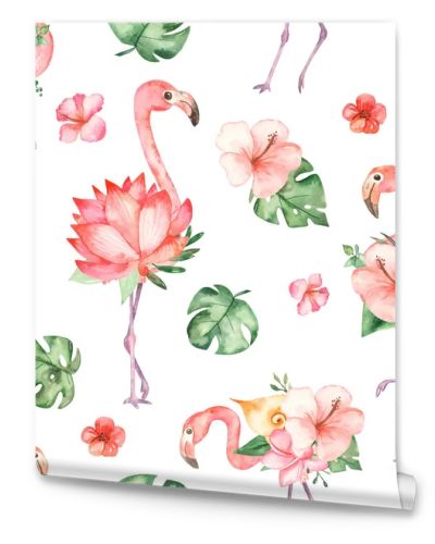 Watercolor seamless pattern flamingos and tropical flowers