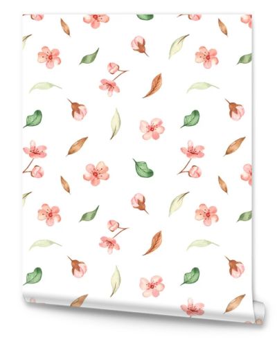 Watercolor seamless pattern with multidirectional leaves and cherry flowers