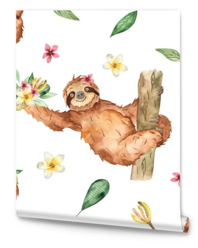 Cute sloths and tropical flowers and leaves on a white background. Watercolor seamless pattern