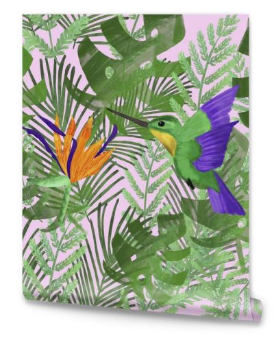 Seamless pattern with hummingbird, strelitzia on tropical leaves on pink background. Summer pattern. Print for umbrella, textile, fabric, packaging, wallpaper design