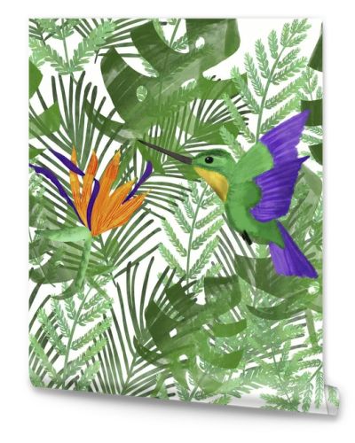 Hummingbird/colibri and orange strelitzia on tropical leaves. White background. Tropical summer print. Packaging, wallpaper, stationery, fabric, textile design