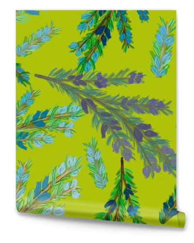 Watercolor rosemary branches, blue flowers and needles on neon green background. Seamless pattern. Cooking, spices, herbs, packaging, wallpaper, kitchen design