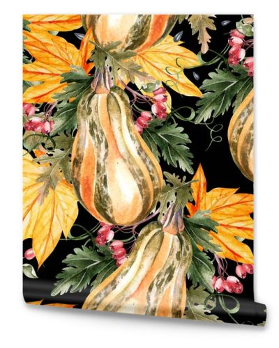 Bright watercolor seamless pattern with pumpkin vegetables and leaves. 