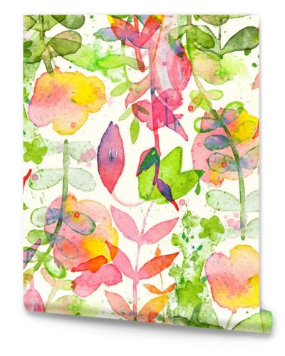 Happy and bright floral seamless pattern with hand drawn watercolor flowers and leaves