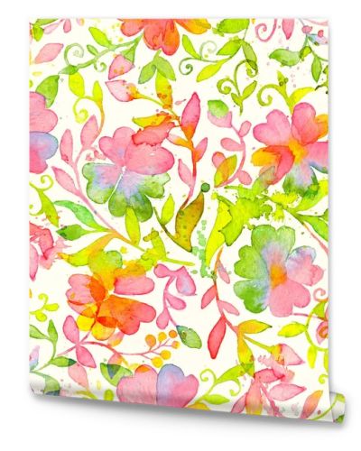 Happy and bright floral seamless pattern with hand drawn watercolor flowers and leaves
