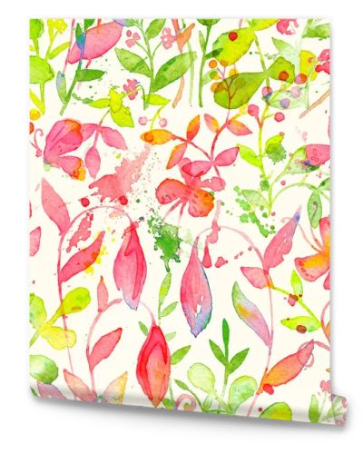 Happy and bright floral seamless pattern with hand drawn watercolor flowers and leaves
