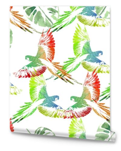 Watercolor seamless pattern. Tropical background. Parrots,  palm