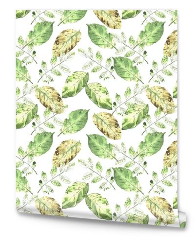 Watercolor seamless botanical pattern. Leaves, twigs, grass. Natural background.