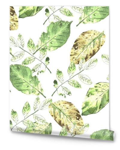 Watercolor seamless botanical pattern. Leaves, twigs, grass. Natural background.