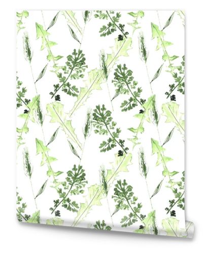 Watercolor seamless botanical pattern. Leaves, twigs, grass. Natural background.