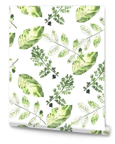 Watercolor seamless botanical pattern. Leaves, twigs, grass. Natural background.