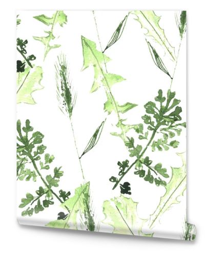 Watercolor seamless botanical pattern. Leaves, twigs, grass. Natural background.