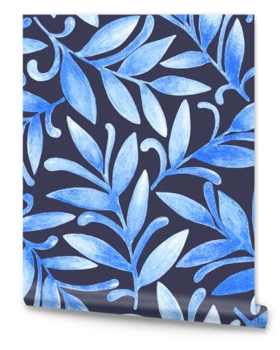 Abstract hand drawn watercolor seamless pattern of blue leaves, branches, curls, flowing lines. Floral illustration for greeting card, invitation, wallpaper, wrapping paper, fabric, textile, packaging