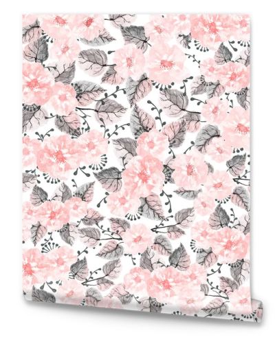 Hand drawn seamless pattern of pink blooming wildflowers, leaves and branches on a white background. Decorative watercolor illustration for design card, invitation, wallpaper, wrapping paper, fabric