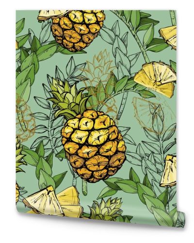 Seamless Pattern with Pineapples and Tropical Leaves