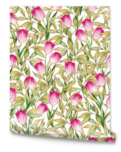 Seamless pattern with leaves and pink tulips flowers on dark background