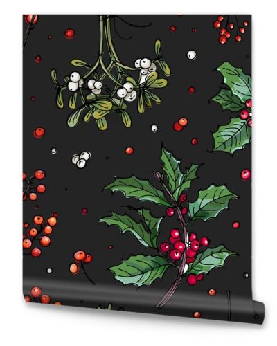 Pattern christmas decor, plants line drawn on a black background. Sketch of berries and leaves. Winter berries, mistletoe, holly