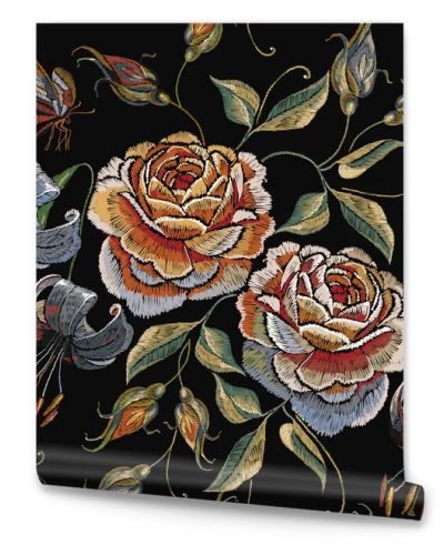 Beautiful buds of pink roses classical embroidery on black background seamless pattern. Template for clothes, textiles, t-shirt design