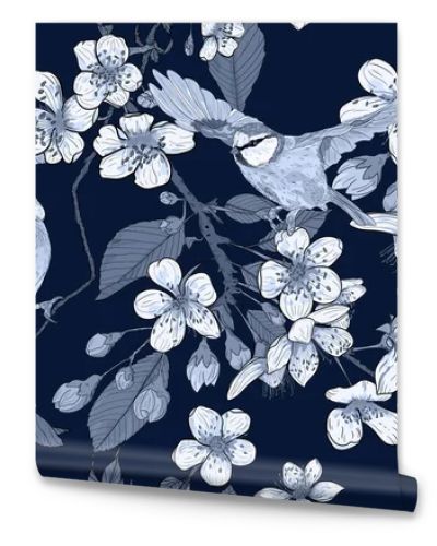Seamless pattern with blooming flowers and blue titmouse. Bluish fabric, textile swatch. Blooming cherry, twigs and flying tit. Beautiful spring, summer composition. Dark, moody background.