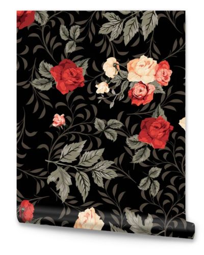 seampless pattern with spring flowers and leaves black background.