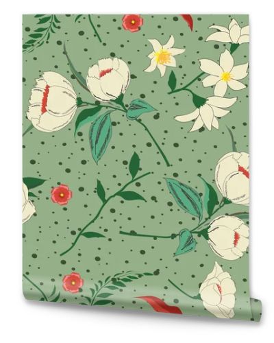 Trendy Floral pattern in the many kind of flowers. Tropical botanical Motifs scattered random. Seamless vector texture green background