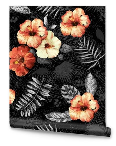 beautiful flower patternblack and white tropical leaf and colorred hibiscus flower design 