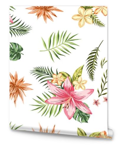 Beautiful seamless vector floral pattern, spring summer background with tropical flowers, leaves,leaf, hibiscus, bird of paradise flower.