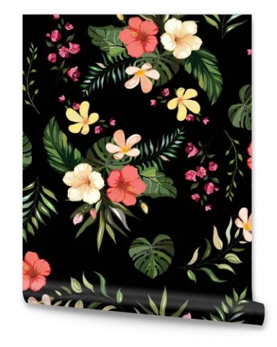 Floral tropical seamless pattern background with exotic flowers, jungle leaves, monstera leaf, orchid, bird of paradise flower black background