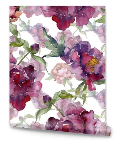 Purple peonies watercolor illustration set. Seamless background pattern. Fabric wallpaper print texture.