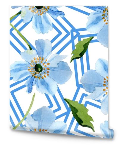 Beautiful blue poppy flowers with green leaves isolated on white. Watercolor background illustration. Watercolour aquarelle. Seamless background pattern. Fabric wallpaper print texture.