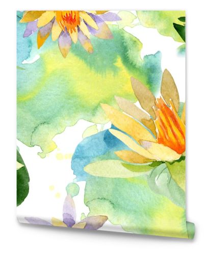 Beautiful yellow lotus flowers isolated on white. Watercolor background illustration. Watercolour drawing fashion aquarelle. Seamless background pattern.