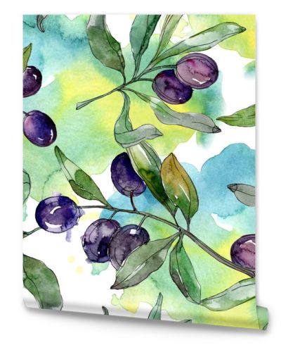 Black olives on branches with green leaves. Botanical garden floral foliage. Watercolor background illustration. Seamless background pattern. Fabric wallpaper print texture.