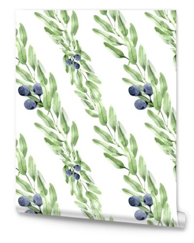 watercolor seamless pattern leaves, berries and branches