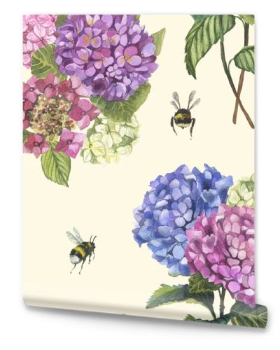 Watercolor hydragenia seamless pattern . Hand painted flowers with leaves and branch an