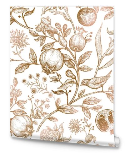 Exotic flowers, birds and fruits. Seamless vector floral pattern in style vintage luxury fabrics. Art vector illustration. Unusual template for design of textiles, paper, clothing, case phone cover