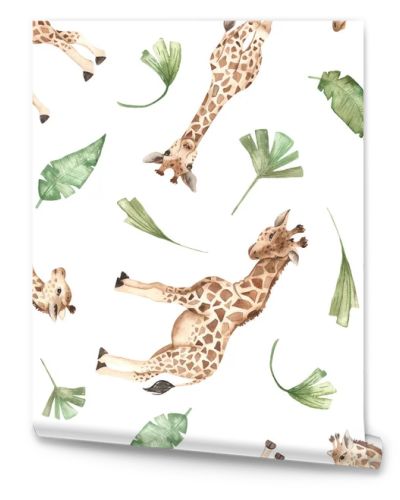 Cute giraffes and tropical leaves watercolor seamless multidirectional pattern 