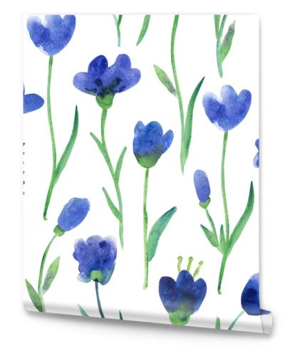 Watercolor seamless pattern with green leaves and fantasy blue flowers on long stalks on white background. Beautiful textile print. Great for fabrics, wrapping papers, wallpapers, linens.