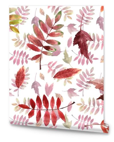 Watercolor pattern with bright autumn leaves isolated on white background