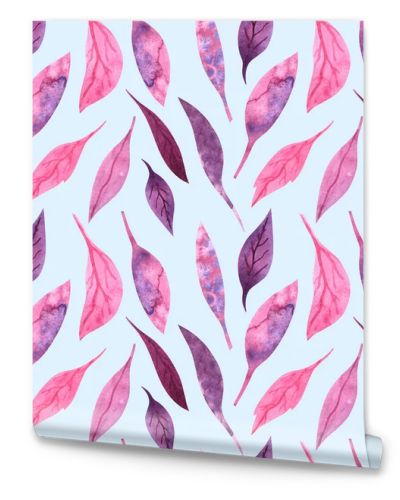 Seamless watercolor pattern with pink and fiolet leaves on a light blue background.
