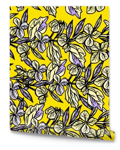 summer seamless pattern, leaves and flowers, sketch, yellow and black on yellow background. Vector illustration