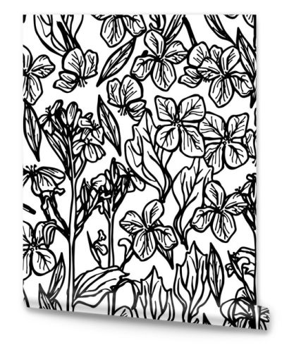 summer seamless pattern, leaves and flowers, sketch, black outline on white background. Vector illustration