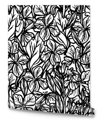 summer seamless pattern, leaves and flowers, sketch, black outline on white background. Vector illustration