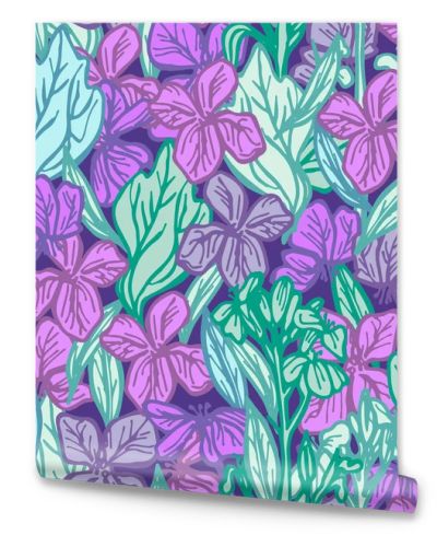 summer seamless pattern, leaves and flowers, sketch, lilac purple blue green outline on dark background. Vector illustration