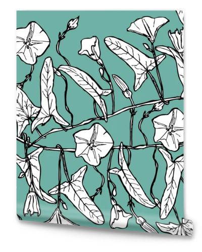 branch with leaves buds and flowers bindweed floral seamless pattern Leaves contours on light green blue background hand-drawn. Vector illustration