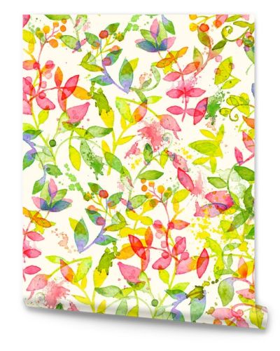 Happy and bright floral seamless pattern with hand drawn watercolor leaves amnd plants. Beautiful ornament for textile printing, wrapping paper, packaging etc