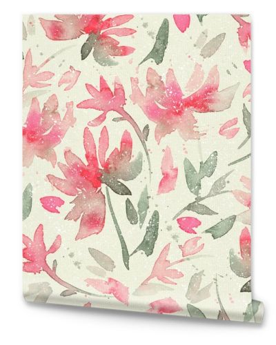 Hand drawn seamless pattern with watercolor loose flowers. Expressive floral background with abstract pink flowers and green leaves. Vintage background