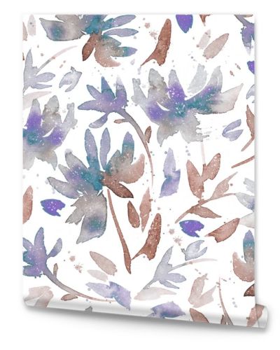 Hand drawn seamless pattern with watercolor loose flowers. Expressive floral background with abstract blue flowers and brown leaves on a white background. Vintage background