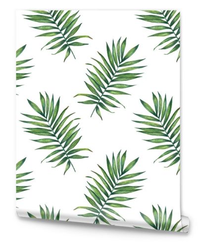 Hand painted watercolor palm  leaves seamless pattern on white. For wrapping paper, textiles, wallpaper and fabric.