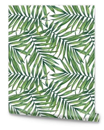 Hand painted watercolor palm  leaves seamless pattern on white. For wrapping paper, textiles, wallpaper and fabric.