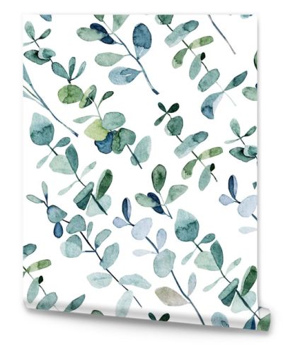 Seamless pattern with watercolor eucalyptus branches, hand drawn illustration on white background